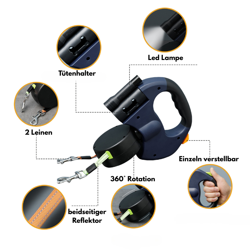 Lineadog® 3-in-1 Hundeleine mit LED-Licht & Tütenhalter – Verhedderungsfrei, für zwei Hunde gleichzeitig
