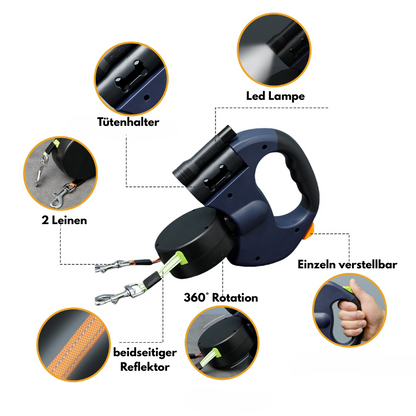 Lineadog® 3-in-1 Hundeleine mit LED-Licht & Tütenhalter – Verhedderungsfrei, für zwei Hunde gleichzeitig